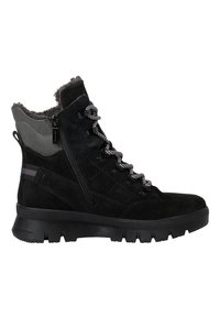 Bota de senderismo de ante negro con acentos grises, cordones texturizados, cremallera lateral y suela de goma gruesa. Forro de fleece visible en el collar.