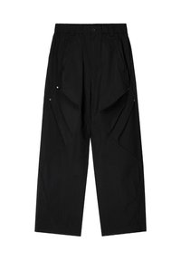 Black wide-leg pants made of textured fabric with distinct side pleats and silver hardware accents. Features a waistband with belt loops.