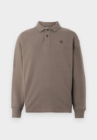 Long-sleeve polo shirt in dark beige cotton, featuring a two-button placket, ribbed cuffs, and a small logo embroidered on the chest.