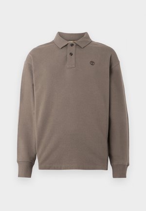Langarm poloshirt van donkerbeige katoen, met een knoopsluiting met twee knopen, geribde manchetten en een klein geborduurd logo op de borst.