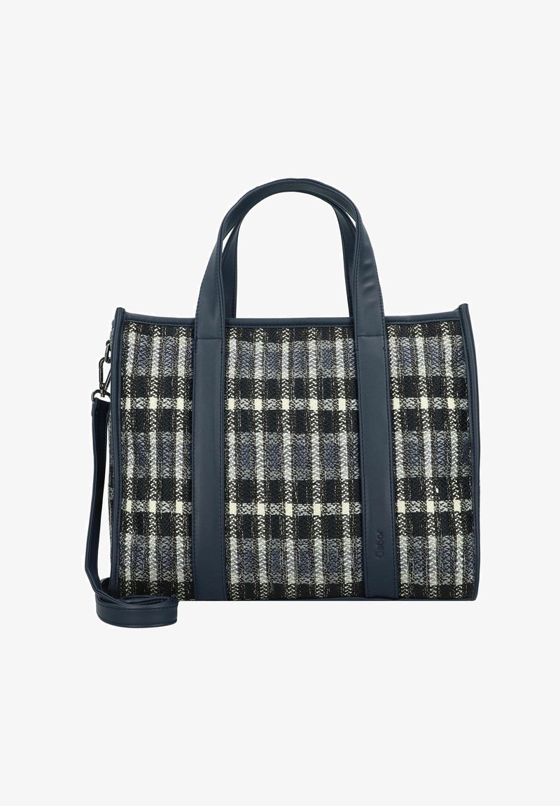 Black, white, and grey plaid tote bag with woven texture, leather accents, dual handles, and detachable shoulder strap.
