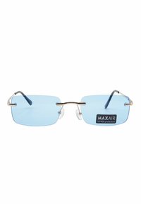 Occhiali da sole con lenti rettangolari di colore blu, montatura in metallo argentato, naselli trasparenti e etichetta "MAX AIR UV400 protection".