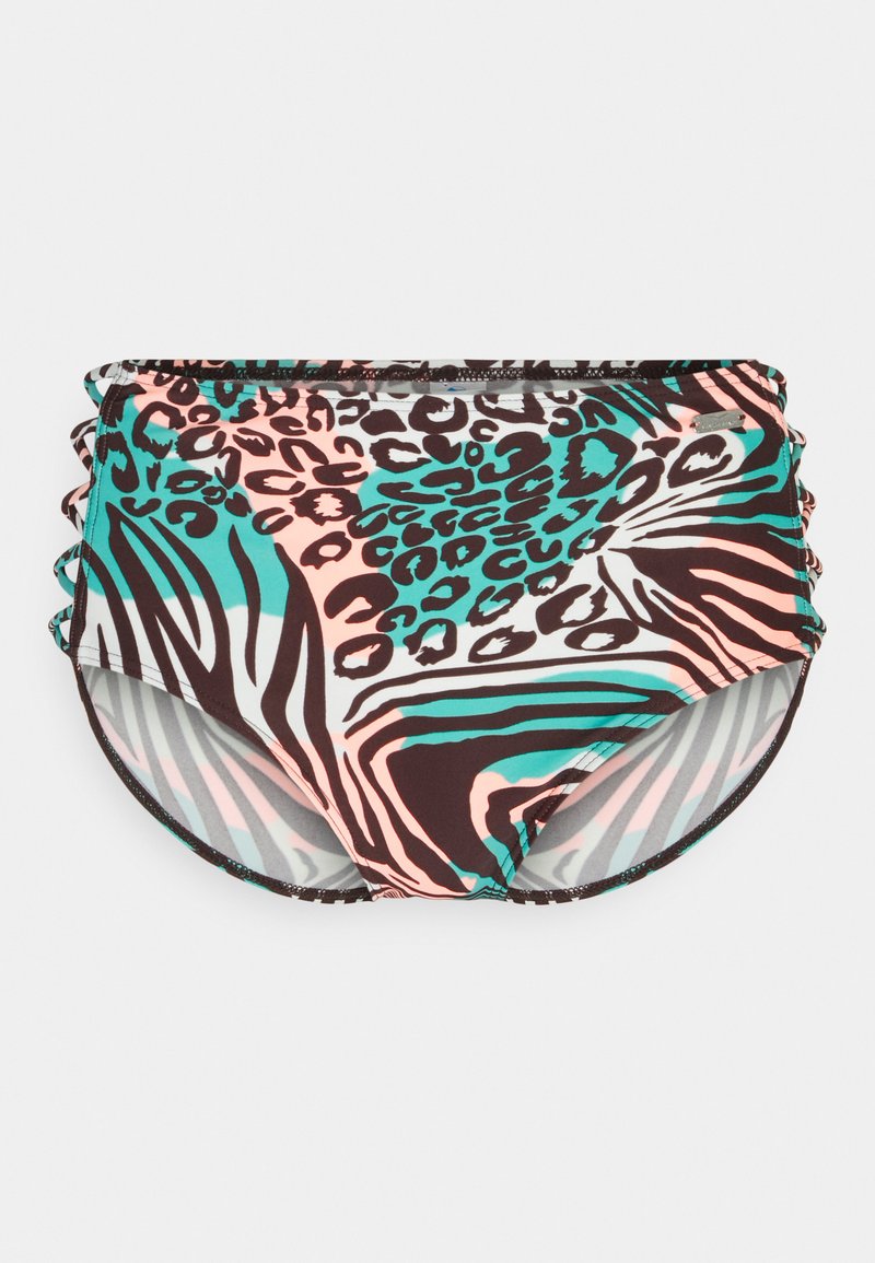 High-waisted swim bottoms with a multicolored animal print in teal, pink, and brown, featuring ruffled side accents and smooth fabric.