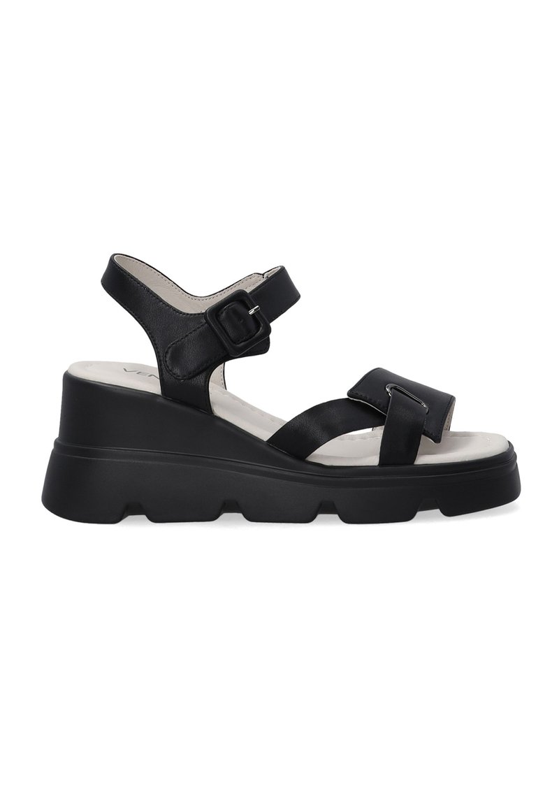 Sorte platform sandaler med en kraftig hæl, justerbare spænder og en glat læderfinish med en polstret sål.