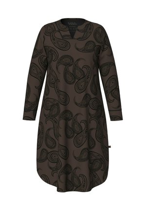 Vestido marrón con un patrón de paisley en negro, mangas largas y escote en forma de V. Confeccionado en una tela suave con un diseño fluido.