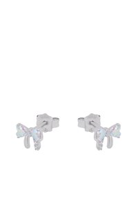 Orecchini a forma di farfalla in argento sterling con accenti iridescenti e piccoli cristalli trasparenti vicino alla base, che mostrano una finitura lucida.