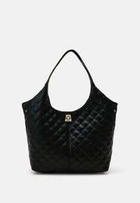 Czarna pikowana torebka wykonana ze skóry syntetycznej. Charakteryzuje się gładką fakturą, zamkiem błyskawicznym oraz złotym zapięciem.