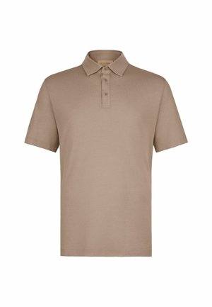 Beige polo-shirt med korte ærmer, krave og tre-knaps åbning, vist på hvid baggrund.