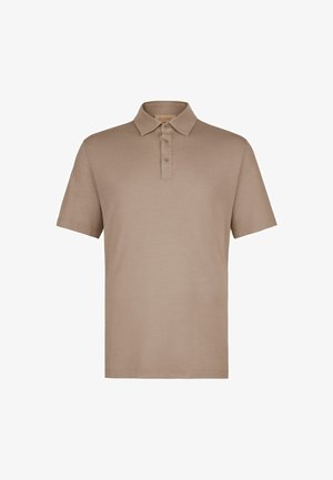Beige polo-shirt med korte ærmer, krave og tre-knaps åbning, vist på hvid baggrund.