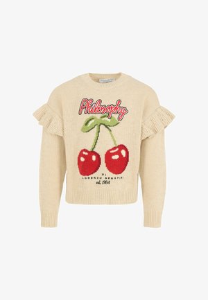 Beżowy sweter z dzianiny z falbaniastymi rękawami, graficznym wzorem czerwonych wiśni oraz czerwonym napisem "Philosophy" nad czarnym napisem "Lorenzo Serafini est 1984".