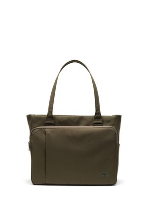 Olivgrüne Tragetasche aus strapazierfähigem Stoff, mit einer Reißverschlusstasche vorne, zwei Griffen und einem Logo-Patch in der unteren rechten Ecke.