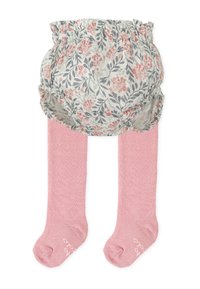 Cubierta para pañal con patrón floral en colores suaves acompañada de medias acanaladas rosas. La cubierta para pañal presenta un elástico fruncido en la cintura y una tela texturizada.