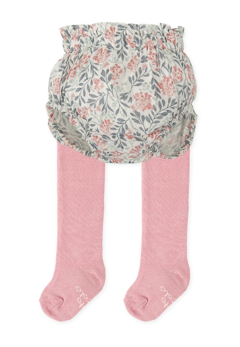 Cubierta para pañal con patrón floral en colores suaves acompañada de medias acanaladas rosas. La cubierta para pañal presenta un elástico fruncido en la cintura y una tela texturizada.