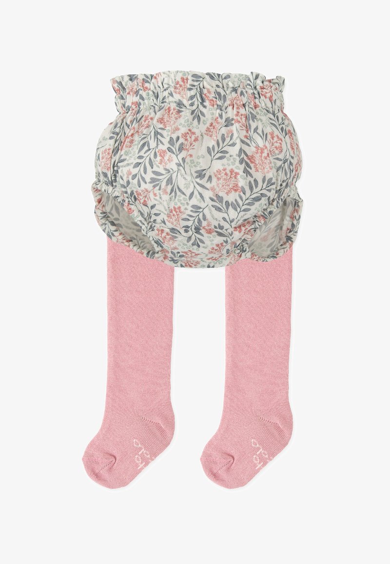 Couvrant de couche à motif floral dans des couleurs douces, associé à des collants côtelés roses. Le couvrant de couche présente un élastique froncé à la taille et un tissu texturé.
