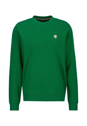 Grüner Sweatshirt mit langen Ärmeln und Rundhalsausschnitt, mit gerippten Bündchen an Ärmeln und Saum, ausgestattet mit einem kleinen schildförmigen Logo-Patch auf der linken Brust.