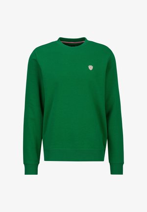 Grüner Sweatshirt mit langen Ärmeln und Rundhalsausschnitt, mit gerippten Bündchen an Ärmeln und Saum, ausgestattet mit einem kleinen schildförmigen Logo-Patch auf der linken Brust.