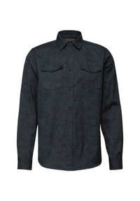Granatowa koszula z długim rękawem o teksturowanym geometrycznym wzorze, z kołnierzem zapinanym na guziki, dwoma kieszeniami na piersi oraz zapięciami na guziki.
