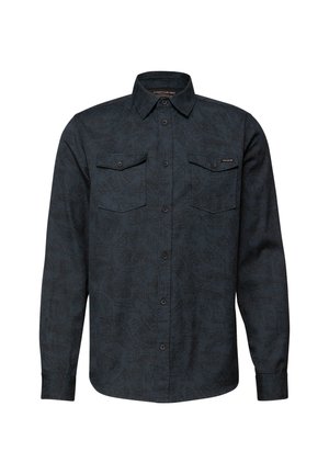 Tmavě modrá košile s dlouhým rukávem a texturovaným geometrickým vzorem, s límečkem na knoflíky, dvěma kapsami na hrudi a zapínáním na knoflíky.