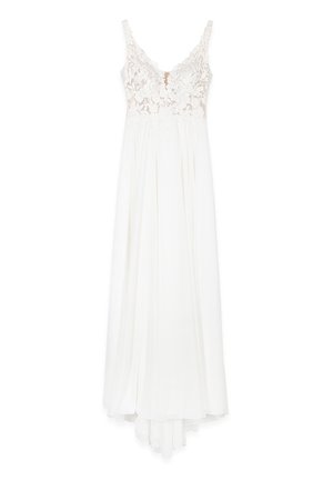 Maxi dress in white with a lace bodice featuring floral patterns, thin straps, and a flowing fabric that falls softly to the floor.