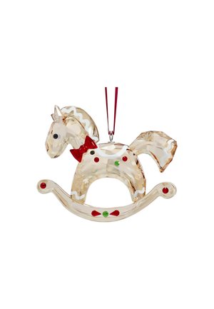 Clear acrylic rocking horse ornament with red and green accents, featuring a bow tie and decorative white lines; suspended by a red ribbon.
