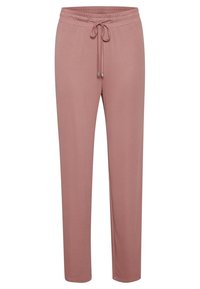 Růžové, lehké kalhoty s elastickým pasem na stahování. Mají rovné nohavice a měkkou texturu. Bez viditelných vzorů nebo kovových prvků.