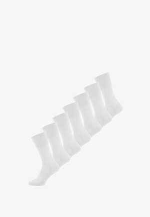 Packung mit sieben weißen Baumwollsocken in Crew-Länge, mit geripptem Bund und glatter Textur, in einer schrägen Linie angeordnet.