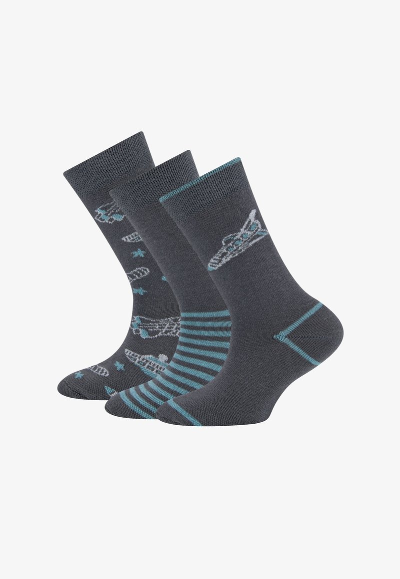 Drei Paar dunkelgraue Socken mit unterschiedlichen Designs: eine mit Sternen und einem Flugzeug, eine mit einem Flugzeugmuster und eine mit türkisfarbenen Streifen.