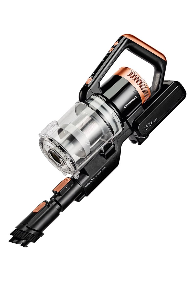 Kabelloser Staubsauger mit einem transparenten Behälter, schwarzem Hauptgehäuse, kupferfarbenen Akzenten, ergonomischem Griff und Bürstenaufsatz. 25,2V Akku.