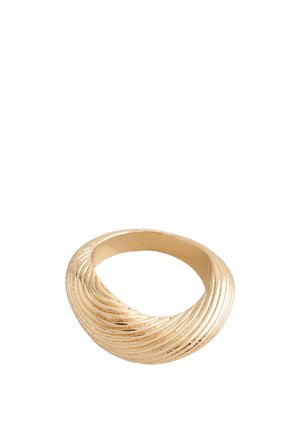 Gold-colored ring with a twisted, ridged surface texture and a smooth inner band against a white background.