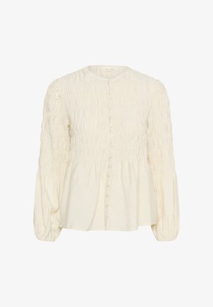 Blusa bianca con arricciature testurizzate, scollatura rotonda e maniche lunghe a sbuffo. Presenta un'apertura con bottoni frontale e una vestibilità comoda.