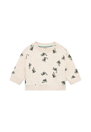 Beige babytrui met lange mouwen, kleine speelse orka walvisprints en een ronde hals met drukknoopsluiting aan één kant.