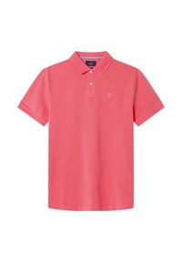 Polo majica u koraljno ružičastoj boji, napravljena od mekog pamuka. Ima klasičan ovratnik, placket s tri gumba i mali izvezeni logo na prsima.