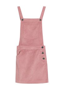 Rosa manchesteroverallklänning med justerbara remmar, framficka och tre knappar på sidan. Texturerad tyg med vertikala ribbor.