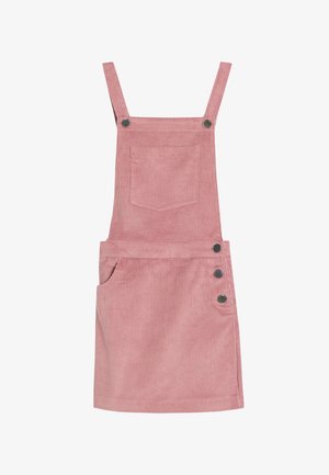 Pink corduroy overall dress with adjustable straps, front pocket, and three buttons on the side. Textured fabric with vertical ridges.