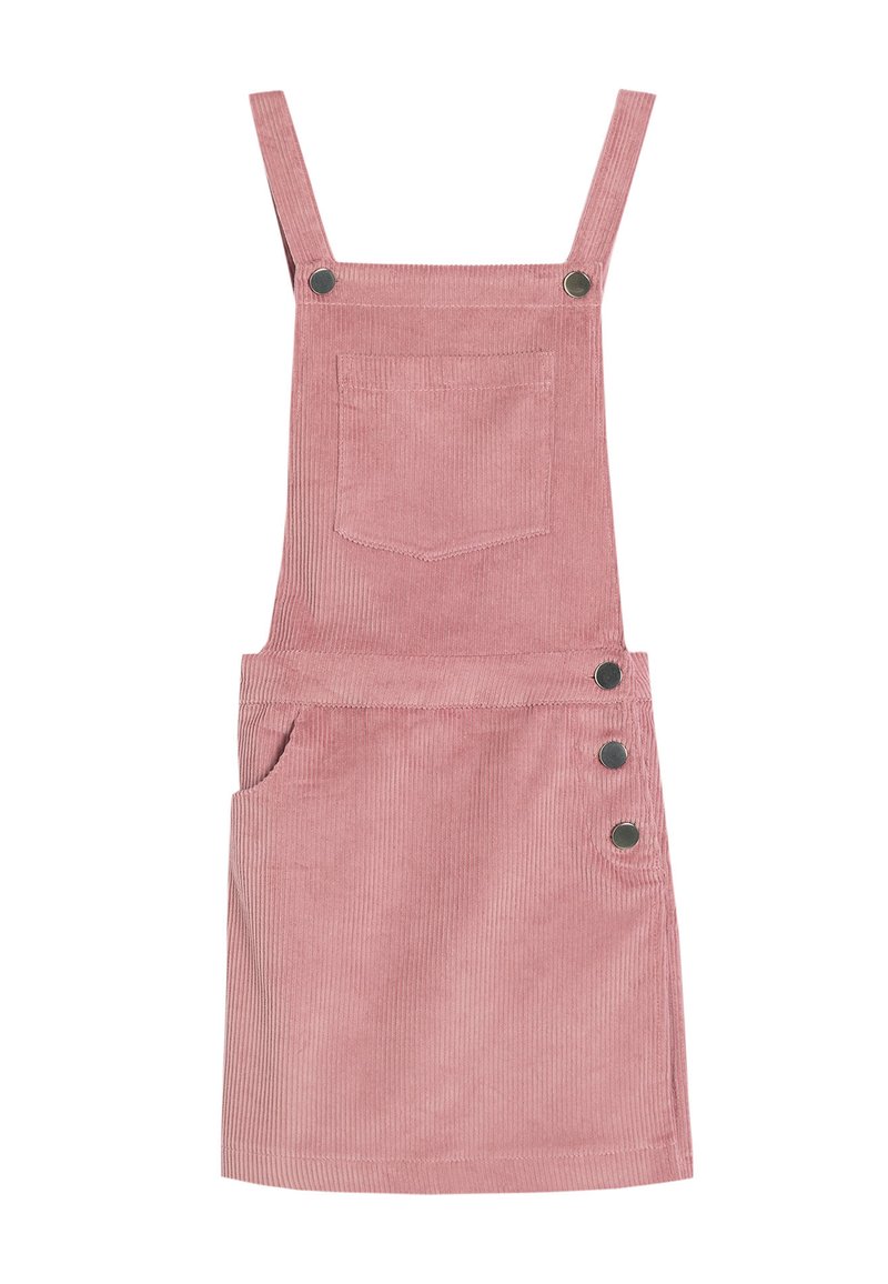 Rosa manchesteroverallklänning med justerbara remmar, framficka och tre knappar på sidan. Texturerad tyg med vertikala ribbor.