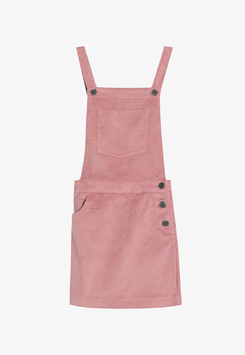 Pink corduroy overall dress with adjustable straps, front pocket, and three buttons on the side. Textured fabric with vertical ridges.
