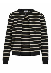 Melnā un krēmkrāsas svītraina kardigāna ar apaļu kakla izgriezumu, pogu aizdari pie apkakles un ribotām piedurknēm un apakšmalu. Mīksta dzijas materiāls.