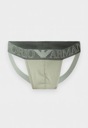 Suspensorio masculino en verde claro con cinturilla elástica verde oscuro que muestra el texto "Emporio Armani" y el logo de águila en el centro delantero.