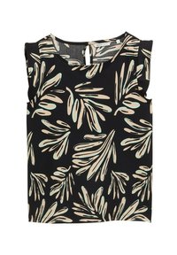 Top senza maniche nero con un motivo a foglia in beige e verde menta. Il tessuto ha una finitura testurizzata e un dettaglio a chiave sul retro.