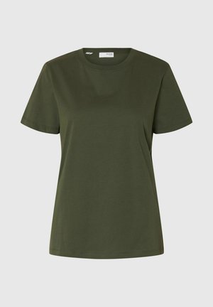Olivgrön bomull t-shirt med kort ärm, rund halsringning och avslappnad passform. Slät textur, minimalistisk design, inga mönster eller accenter.