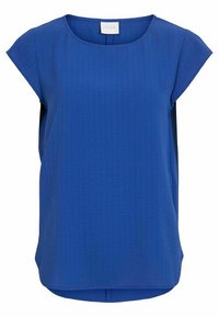 Blå topp med kort ärm tillverkad av strukturerad tyg, med rund halsringning och en avslappnad silhuett med en något rundad avslutning.