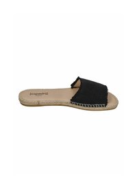 Black espadrille slide sandal featuring a fabric upper with frayed edges, a cushioned insole, and a jute-wrapped sole with decorative stitching.