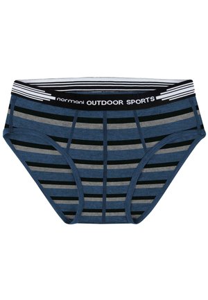 Blaue und graue gestreifte Männer-Slips mit einem schwarzen elastischen Bund, auf dem "normani OUTDOOR SPORTS" steht. Aus weichem Baumwollmaterial.