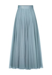 Light blue, pleated maxi skirt made of sheer fabric with a smooth waistband. Flowing design offers a layered appearance.
