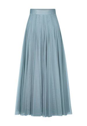 Light blue, pleated maxi skirt made of sheer fabric with a smooth waistband. Flowing design offers a layered appearance.