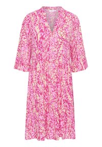 Rosa och gul mönstrad klänning med v-ringning, trekvartsärmar och en rynkad midja, som har en svängig kjol.