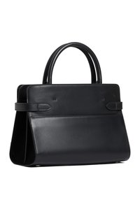 Borsa a mano in pelle nera con manici arrotondati doppi, forma rettangolare, texture liscia e design minimalista. Presenta delle cinghie laterali per la chiusura.