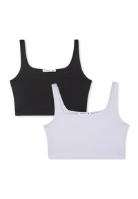Due top corti: uno nero e uno grigio chiaro, realizzati in tessuto morbido con scollatura quadrata e spalline larghe.