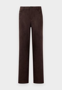 Pantalon droit marron foncé avec fermeture par bouton et zip, passants de ceinture et poches avant.