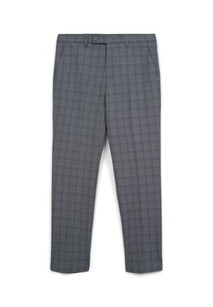 Pantaloni a quadri grigi con un design leggermente affusolato, featuring una parte frontale liscia, passanti per cintura, tasche laterali e una texture di tessuto morbida.